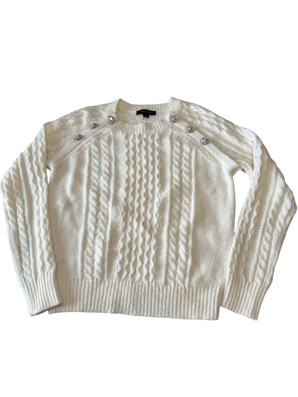 Ann Taylor Crewneck Cable Knit Fisherman Ivory Sweater Small